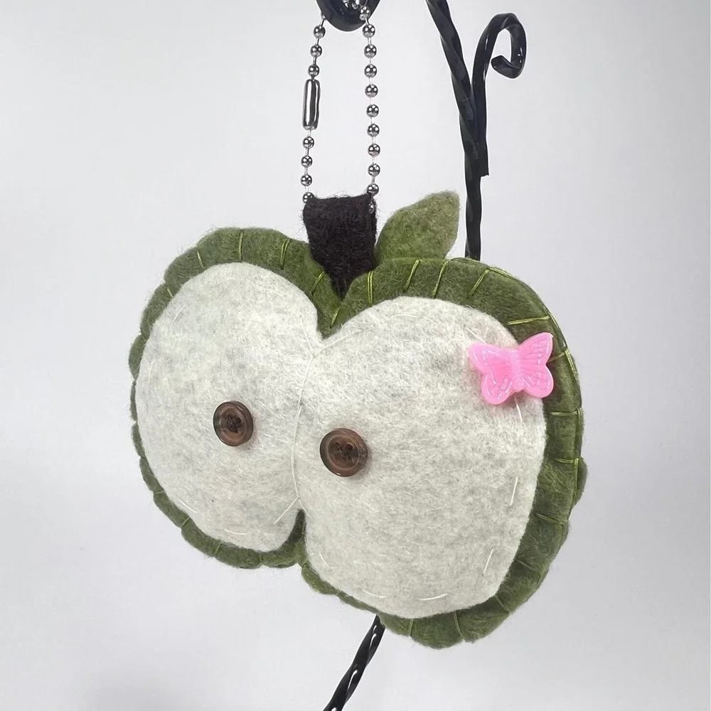 Handmade Felt Green Apple Keychain Cottagecore Plush Bag Charm Button Detail